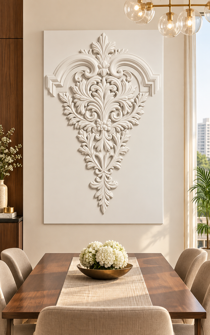 Acanthus Pendant Crest Corian wall panel, front view in a Mumbai formal dining room; AI-assisted concept visualisation