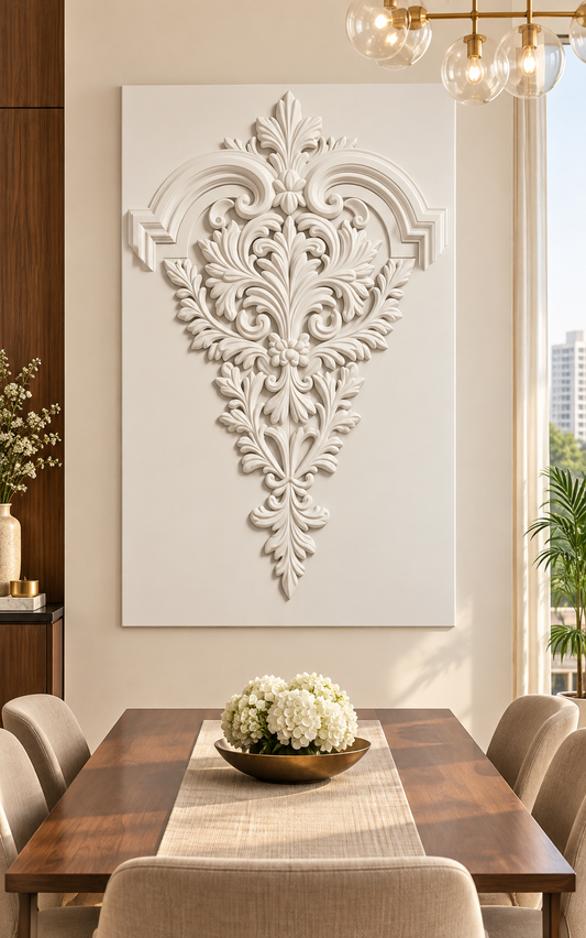 Acanthus Pendant Crest Corian wall panel, front view in a Mumbai formal dining room; AI-assisted concept visualisation