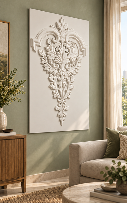 Acanthus Pendant Crest Corian wall panel, left view in a Mumbai classic living room; AI-assisted concept visualisation