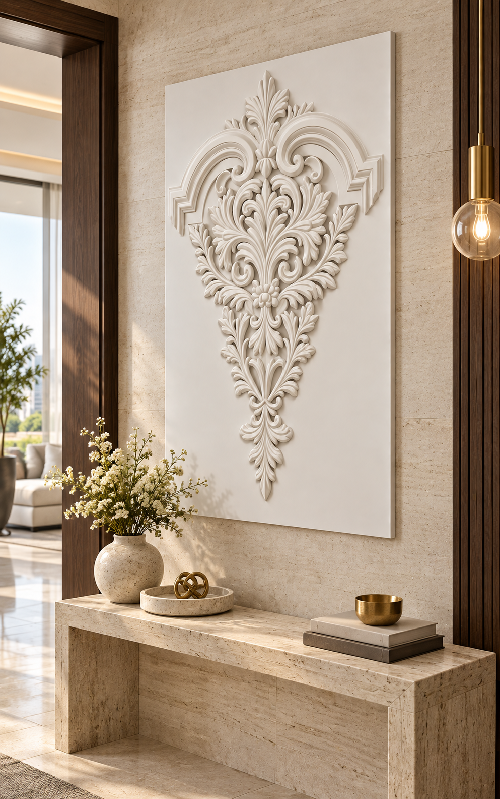 Acanthus Pendant Crest Corian wall panel, right view in a Mumbai entrance console wall; AI-assisted concept visualisation