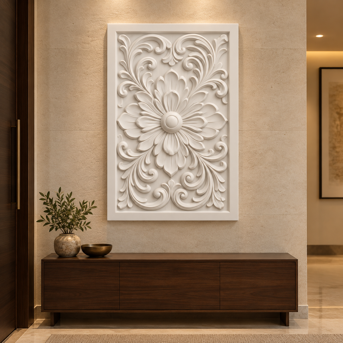 Acanthus Rosette Crest Corian wall panel, 2.5 x 4 ft, front view in an entrance foyer