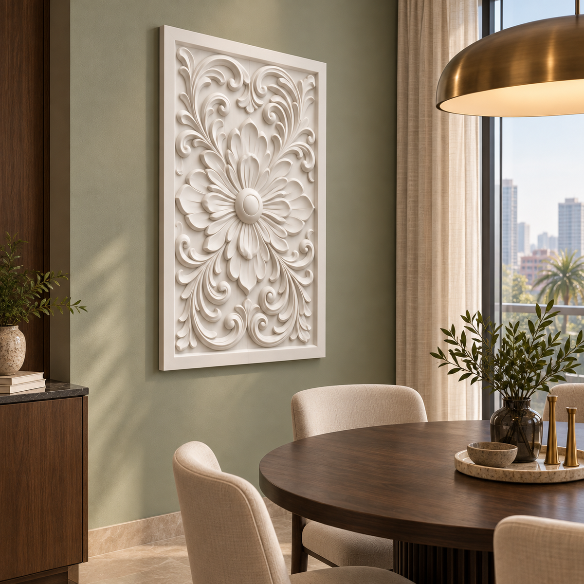 Acanthus Rosette Crest Corian wall panel, 2.5 x 4 ft, left view in a dining nook