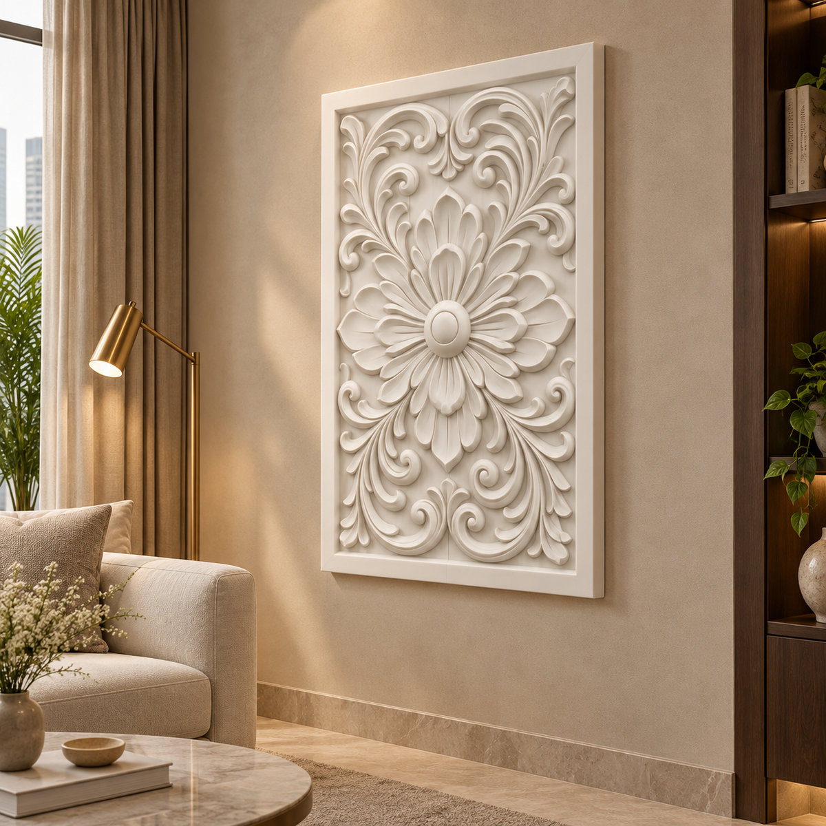 Acanthus Rosette Crest Corian wall panel, 2.5 x 4 ft, right view in a formal lounge