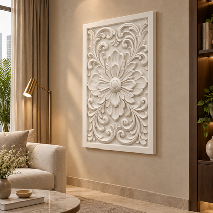 Acanthus Rosette Crest Corian wall panel, 2.5 x 4 ft, right view in a formal lounge