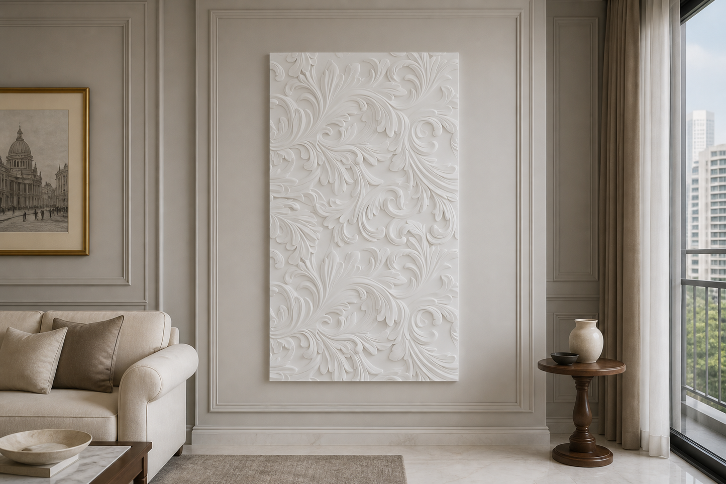 Acanthus Scroll white Corian wall panel, front view in a Mumbai home interior visualisation