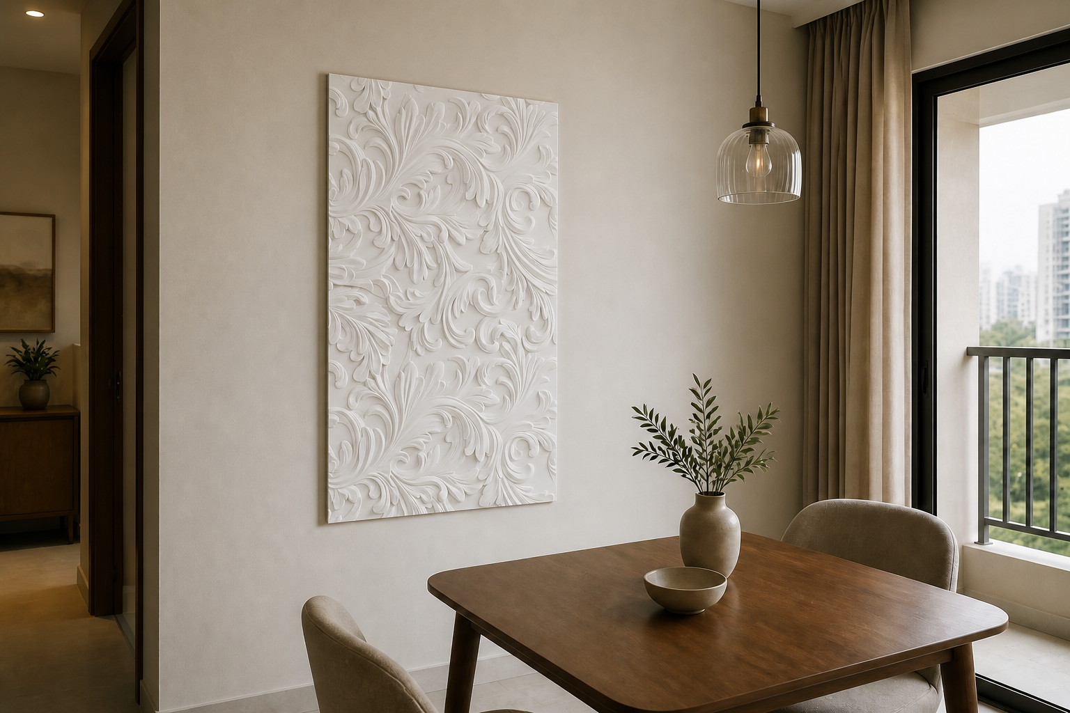 Acanthus Scroll white Corian wall panel, left angle view in a Mumbai home interior visualisation
