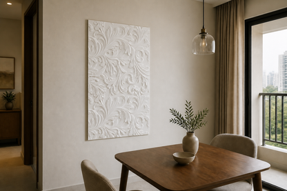 Acanthus Scroll white Corian wall panel, left angle view in a Mumbai home interior visualisation