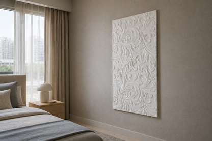 Acanthus Scroll white Corian wall panel, right angle view in a Mumbai home interior visualisation