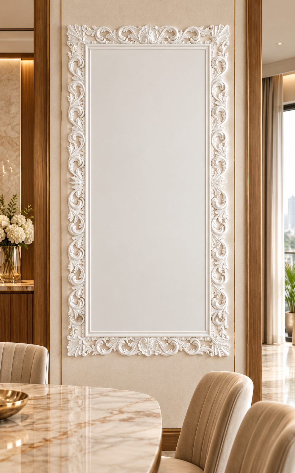 Front view of the white Acanthus Shell Border Corian Wall Panel with a solid inset centre in a luxury Mumbai apartment dining room
