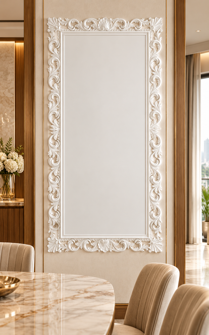 Front view of the white Acanthus Shell Border Corian Wall Panel with a solid inset centre in a luxury Mumbai apartment dining room