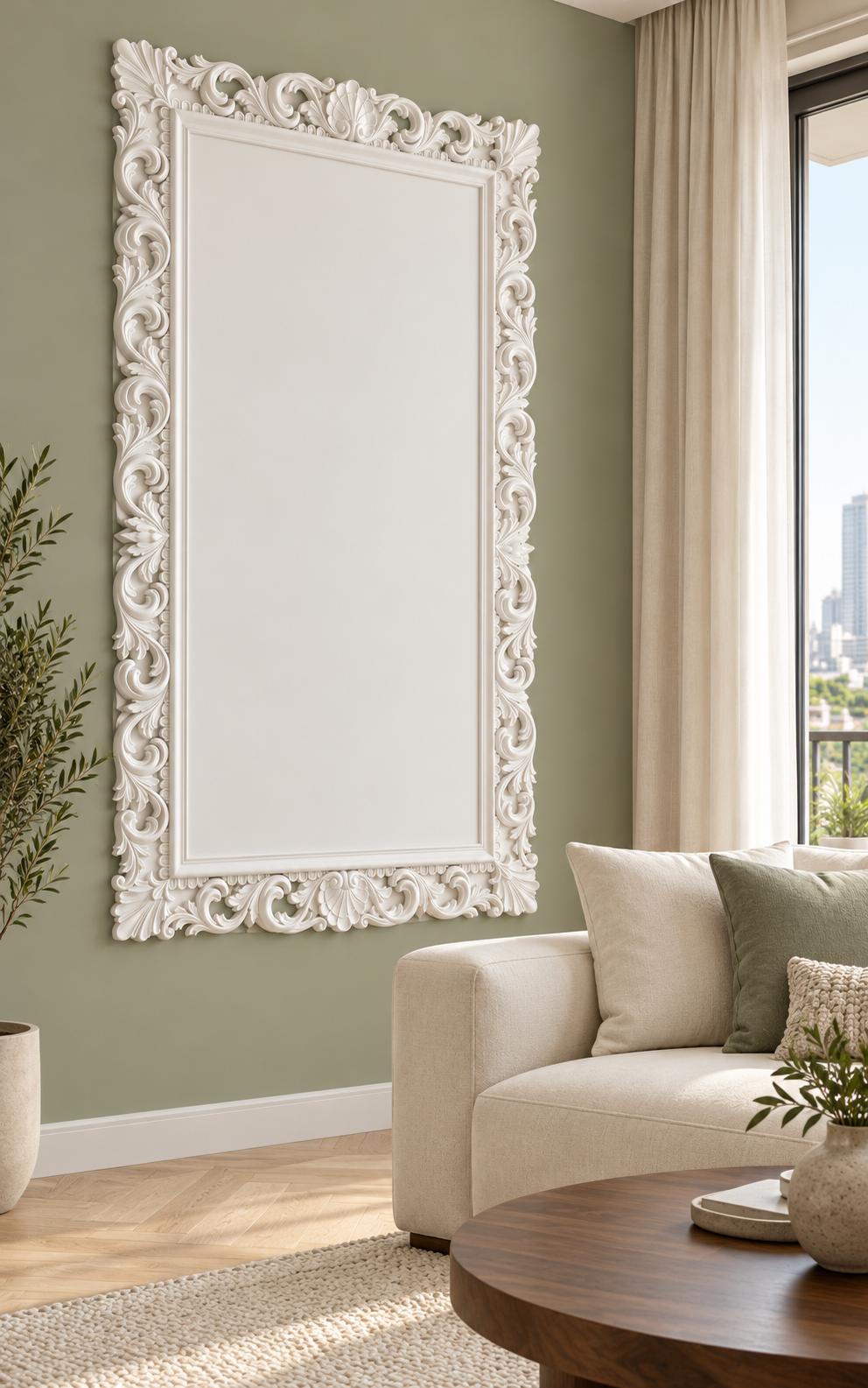 Left-angle view of the white Acanthus Shell Border Corian Wall Panel with a solid inset centre in a sage-wall Mumbai living room with an ivory sofa