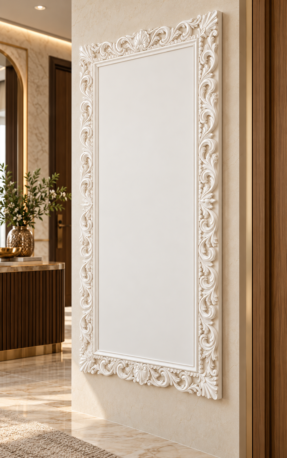 Right-angle view of the white Acanthus Shell Border Corian Wall Panel with a solid inset centre in a luxury Mumbai apartment entrance hall
