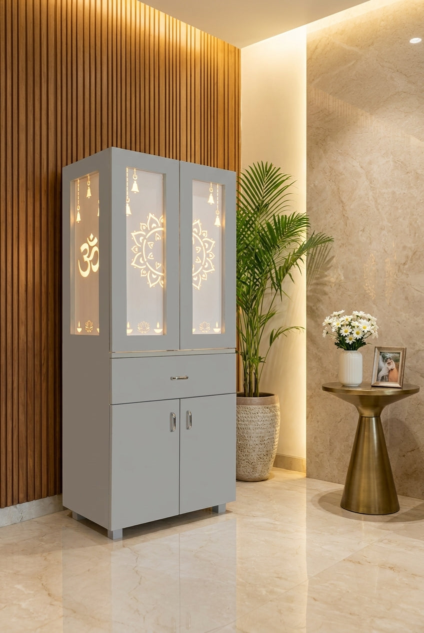Acrylic Mandir with Jali Doors — Lightweight Home Temple — Luxury Home Interior — Satguru Creations