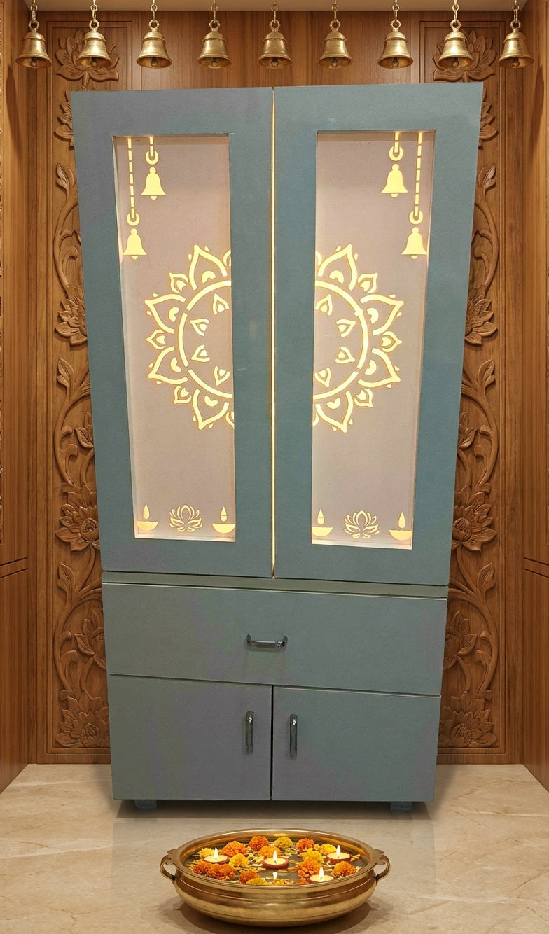 Acrylic Mandir with Jali Doors — Lightweight Home Temple — Luxury Indian Home Interior — Satguru Creations