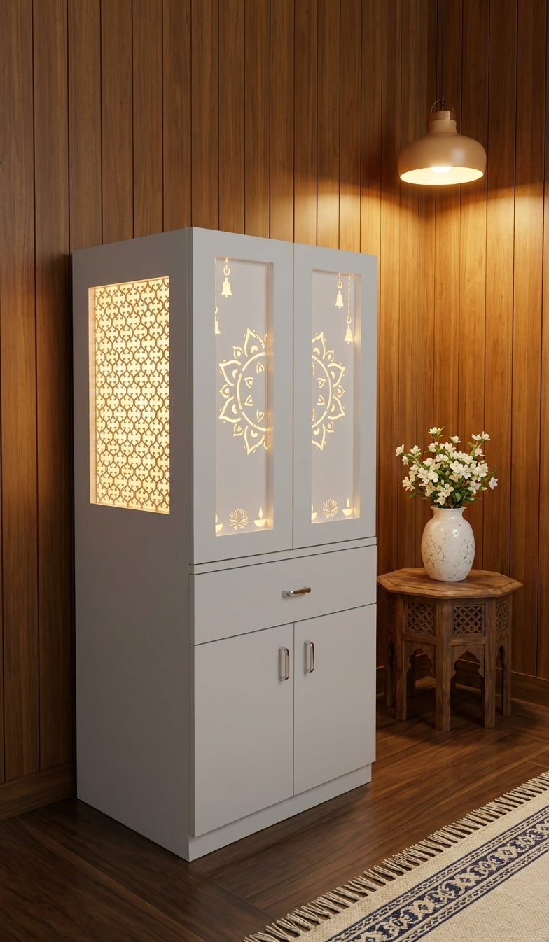 Acrylic Mandir with Jali Doors — Lightweight Home Temple — Luxury Indian Home Interior — Satguru Creations