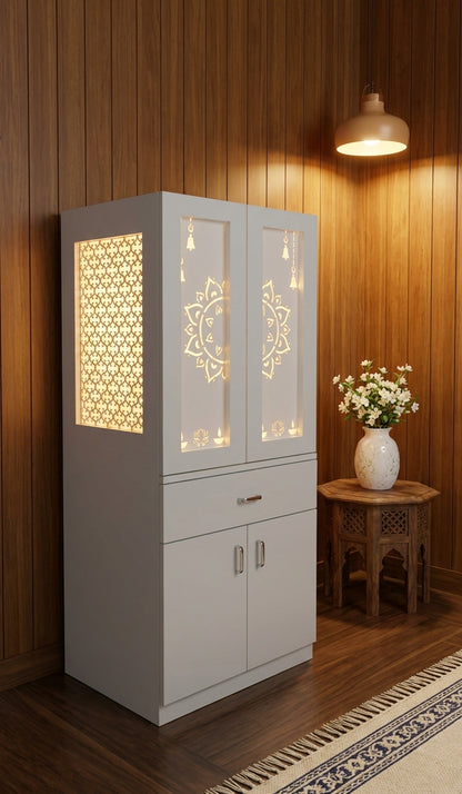 Acrylic Mandir with Jali Doors — Lightweight Home Temple — Luxury Indian Home Interior — Satguru Creations