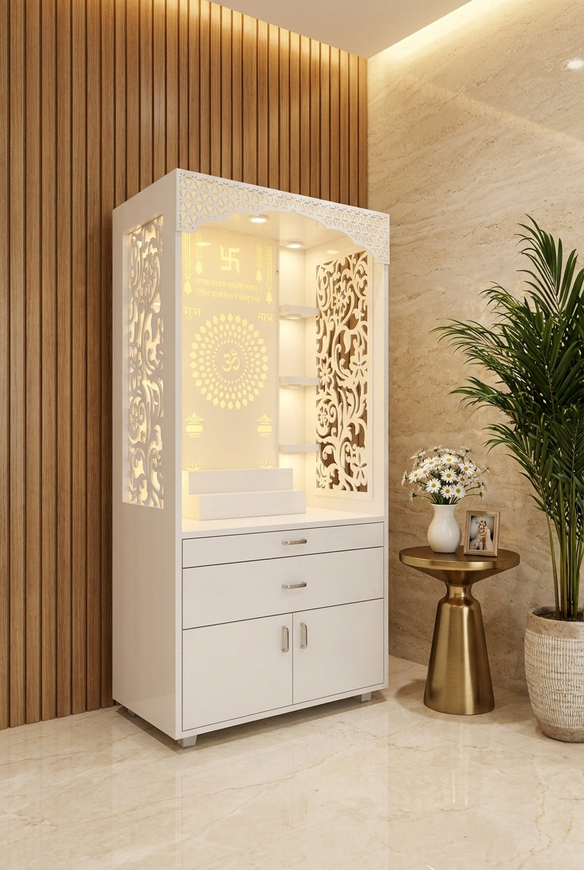 5.5ft Acrylic Home Mandir with Shelves — Tall Pooja Unit — Luxury Home Interior — Satguru Creations