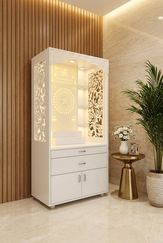 5.5ft Acrylic Home Mandir with Shelves — Tall Pooja Unit — Luxury Home Interior — Satguru Creations