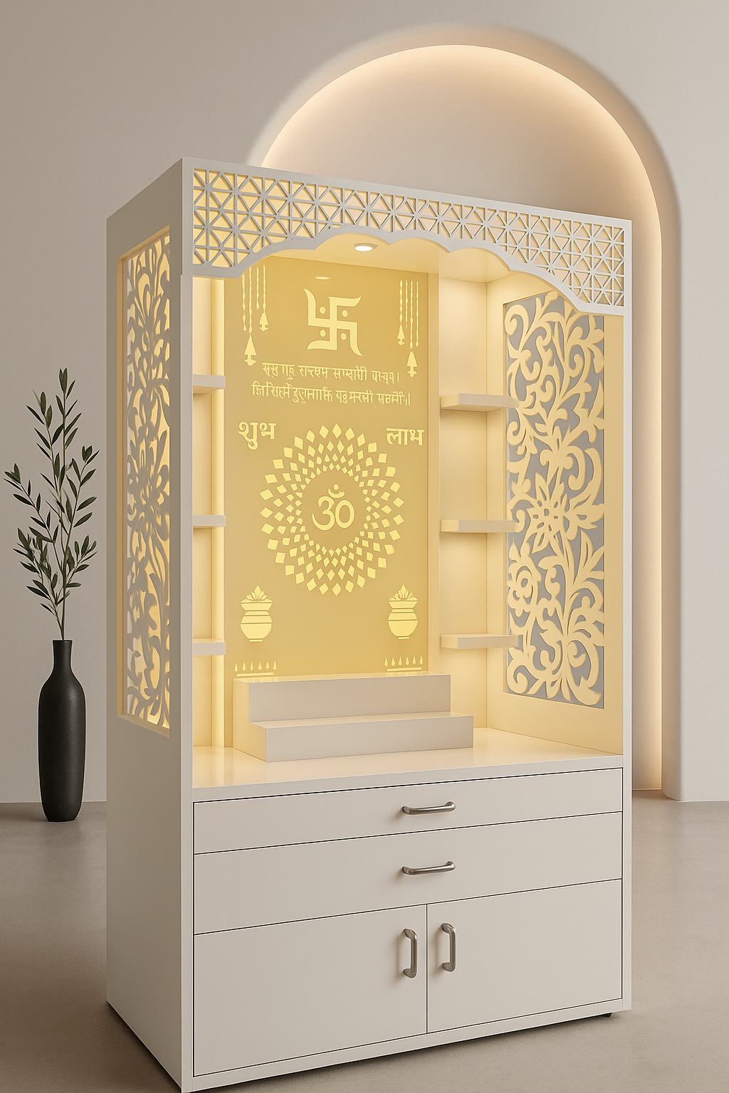 5.5ft Acrylic Home Mandir with Shelves — Tall Pooja Unit — Luxury Indian Home Interior — Satguru Creations