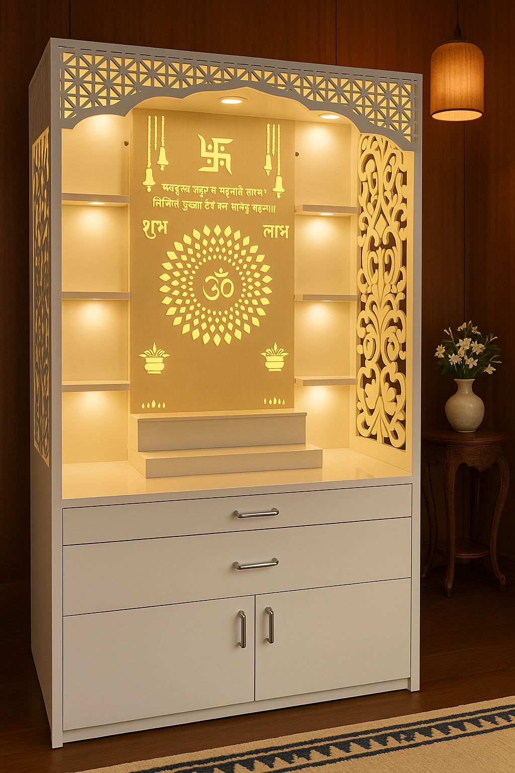 5.5ft Acrylic Home Mandir with Shelves — Tall Pooja Unit — Luxury Indian Home Interior — Satguru Creations