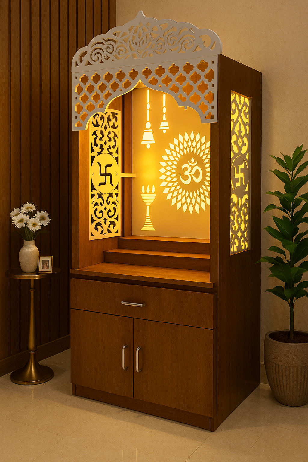 Acrylic Home Temple 5ft x 2ft Natural Glossy — Optional Storage — Luxury Indian Home Interior — Satguru Creations