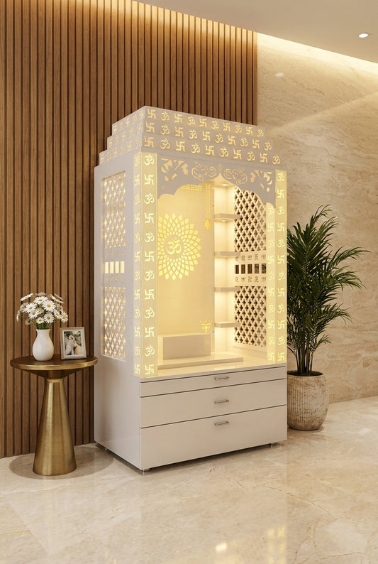 Om Swastik Backlit Acrylic Corian Mandir for Home — Luxury Home Interior — Satguru Creations
