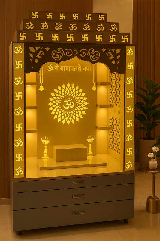 Om Swastik Backlit Acrylic Corian Mandir for Home — Luxury Indian Home Interior — Satguru Creations