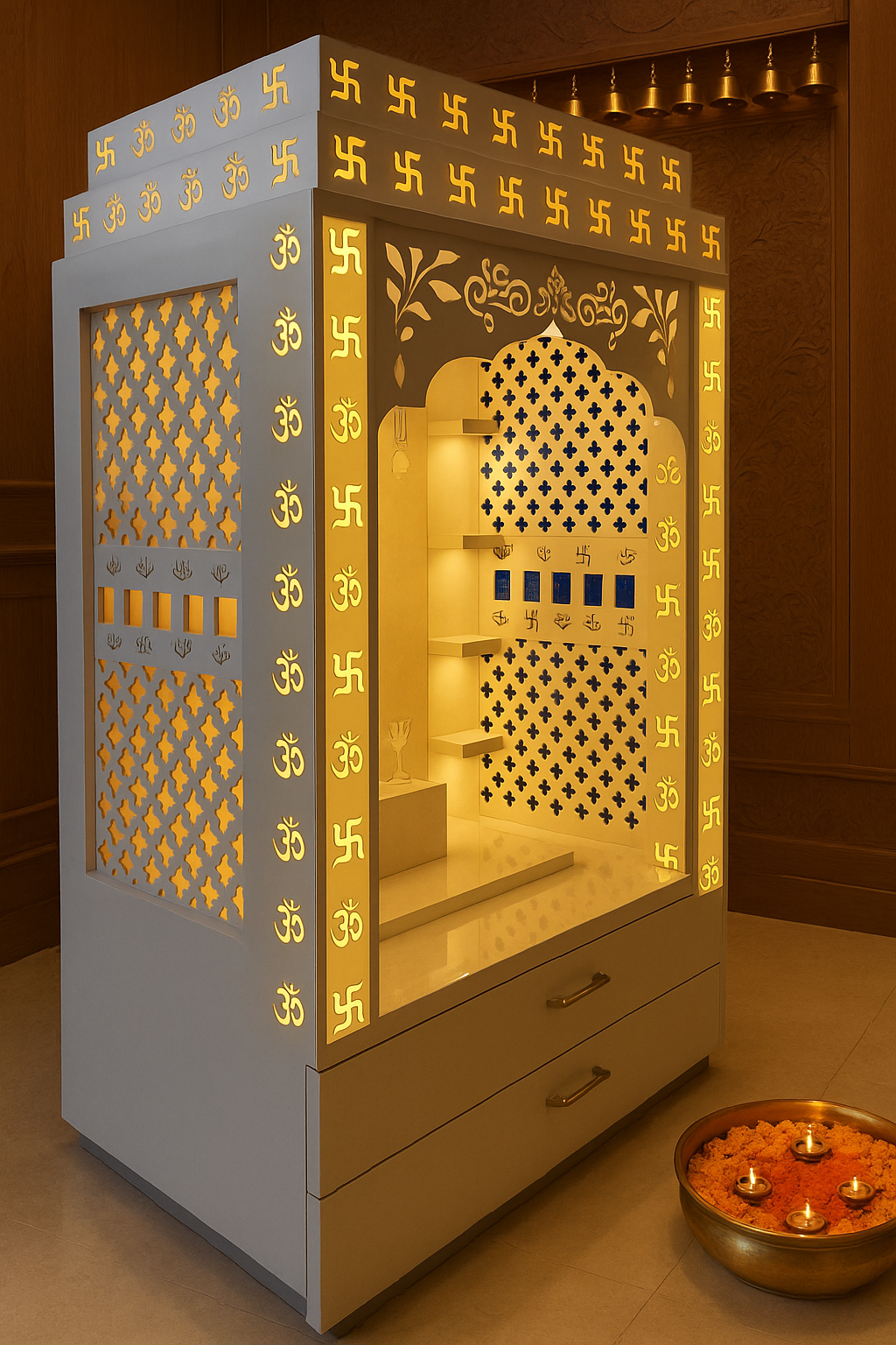 Om Swastik Backlit Acrylic Corian Mandir for Home — Luxury Indian Home Interior — Satguru Creations