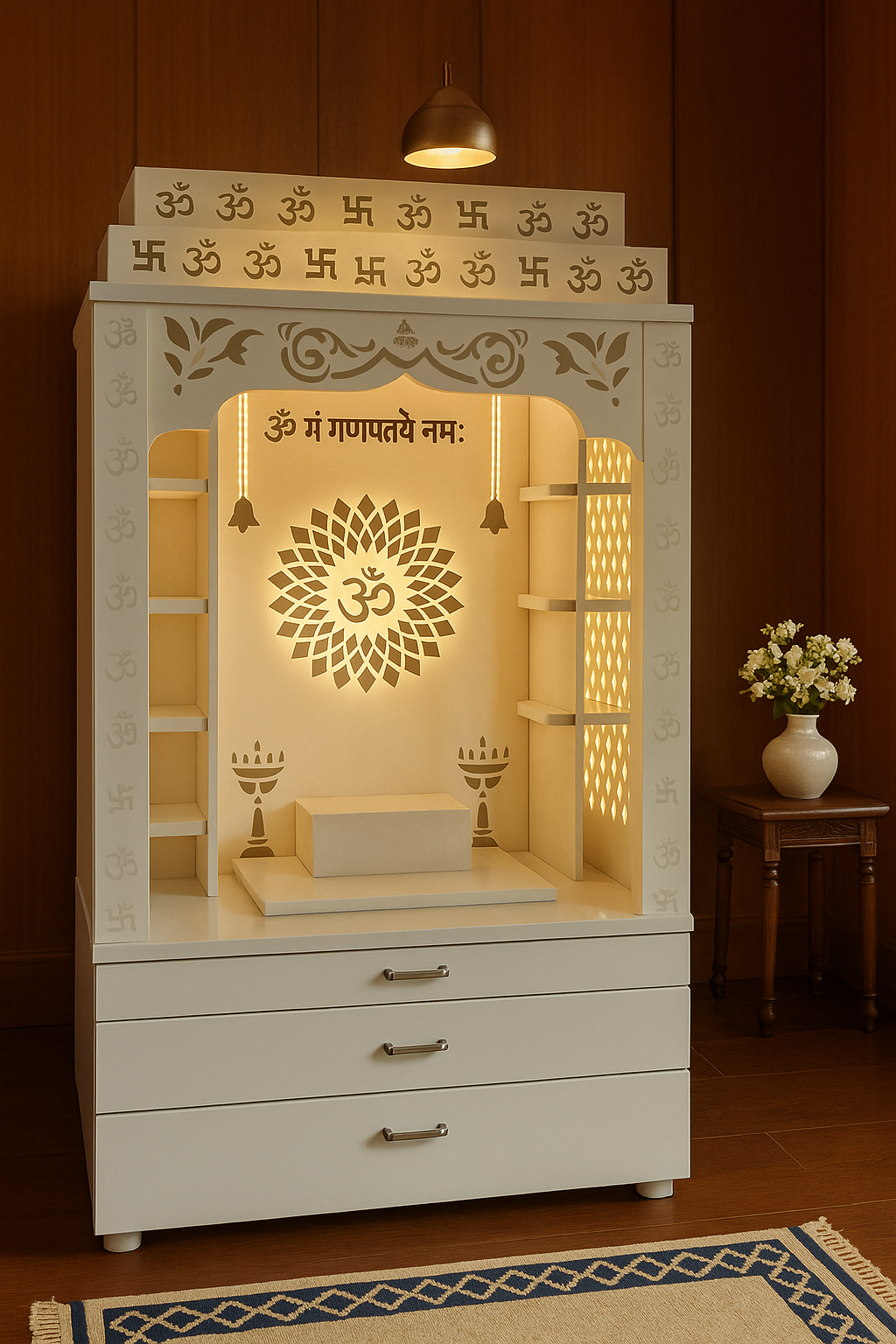 Om Swastik Backlit Acrylic Corian Mandir for Home — Luxury Indian Home Interior — Satguru Creations