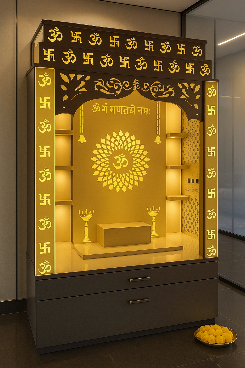 Om Swastik Backlit Acrylic Corian Mandir for Home — Luxury Indian Home Interior — Satguru Creations