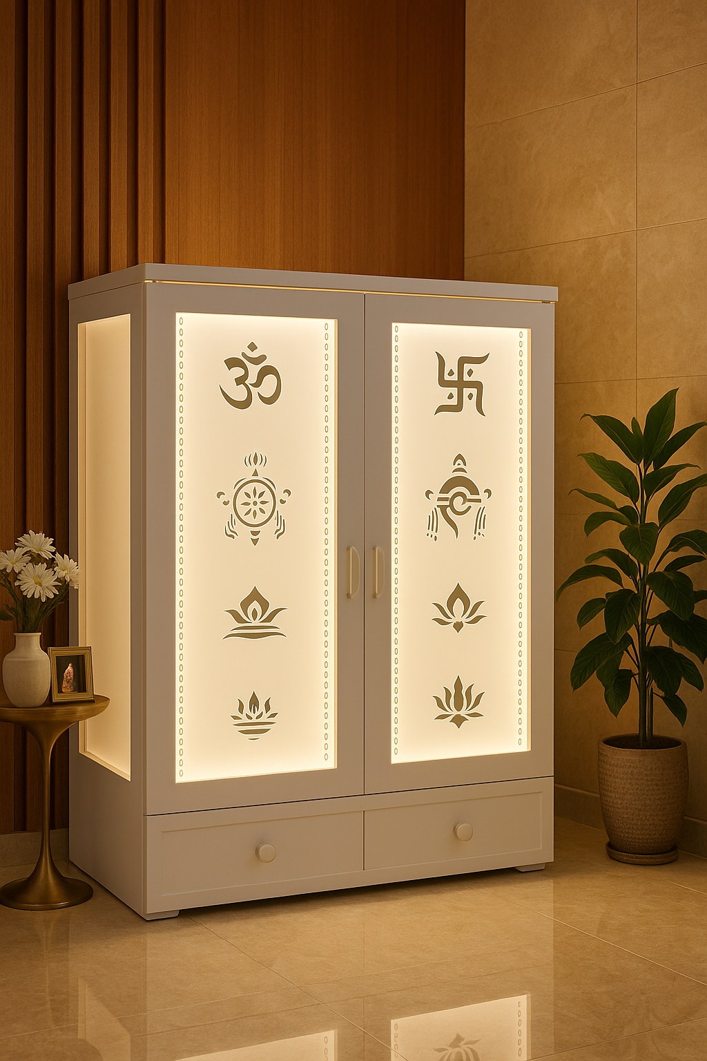 Acrylic Home Temple with Pocket Doors and Drawers — Luxury Indian Home Interior — Satguru Creations