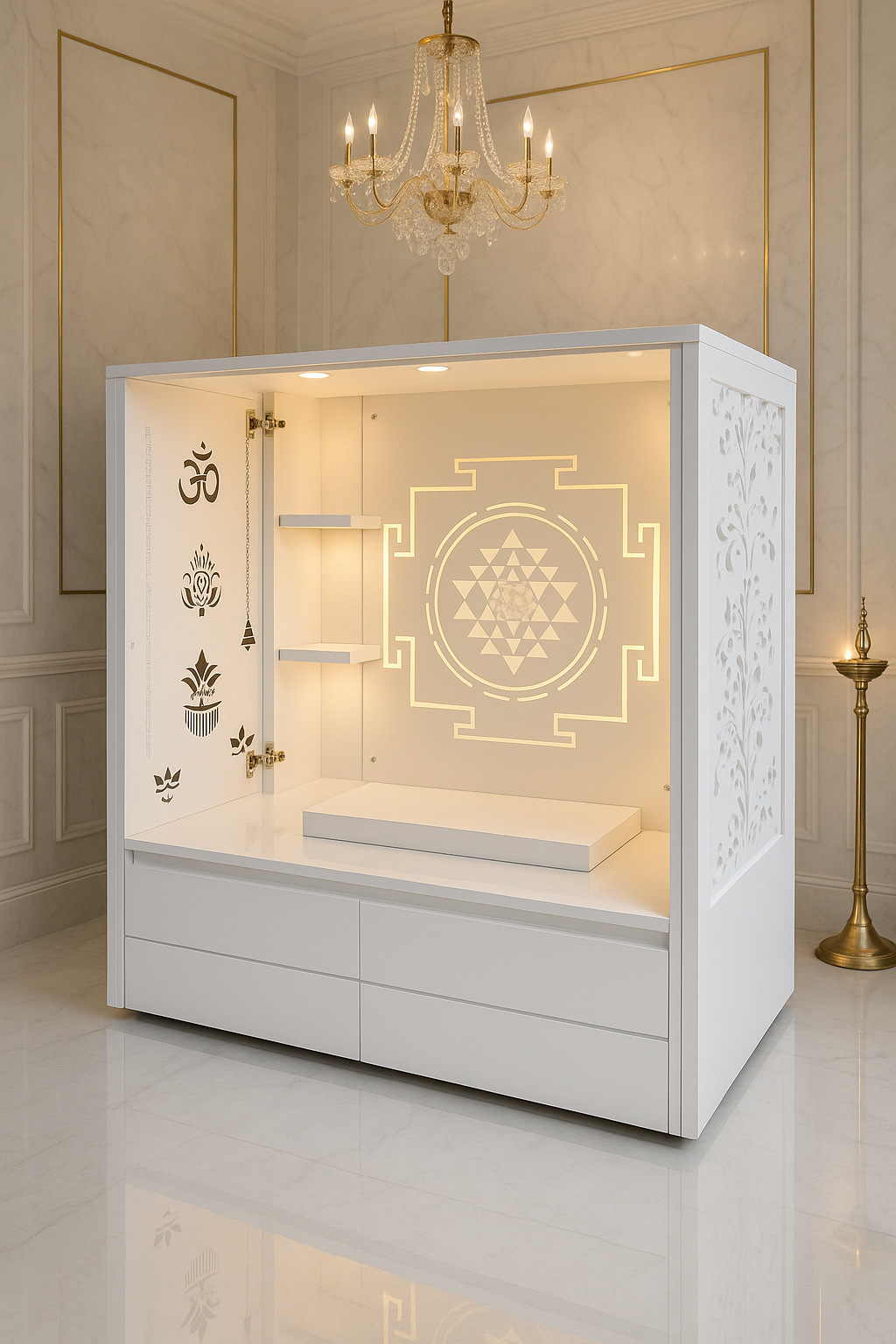 Acrylic Home Temple with Pocket Doors and Drawers — Luxury Indian Home Interior — Satguru Creations