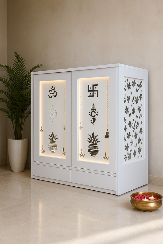 Acrylic Home Temple with Pocket Doors and Drawers — Luxury Indian Home Interior — Satguru Creations