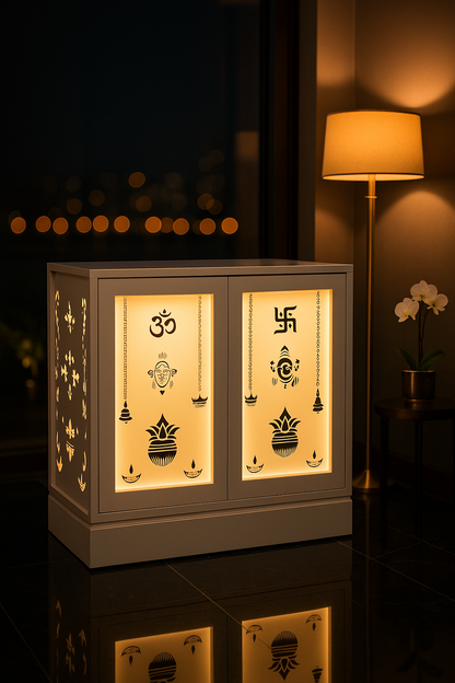 Acrylic Home Temple with Pocket Doors and Drawers — Luxury Indian Home Interior — Satguru Creations