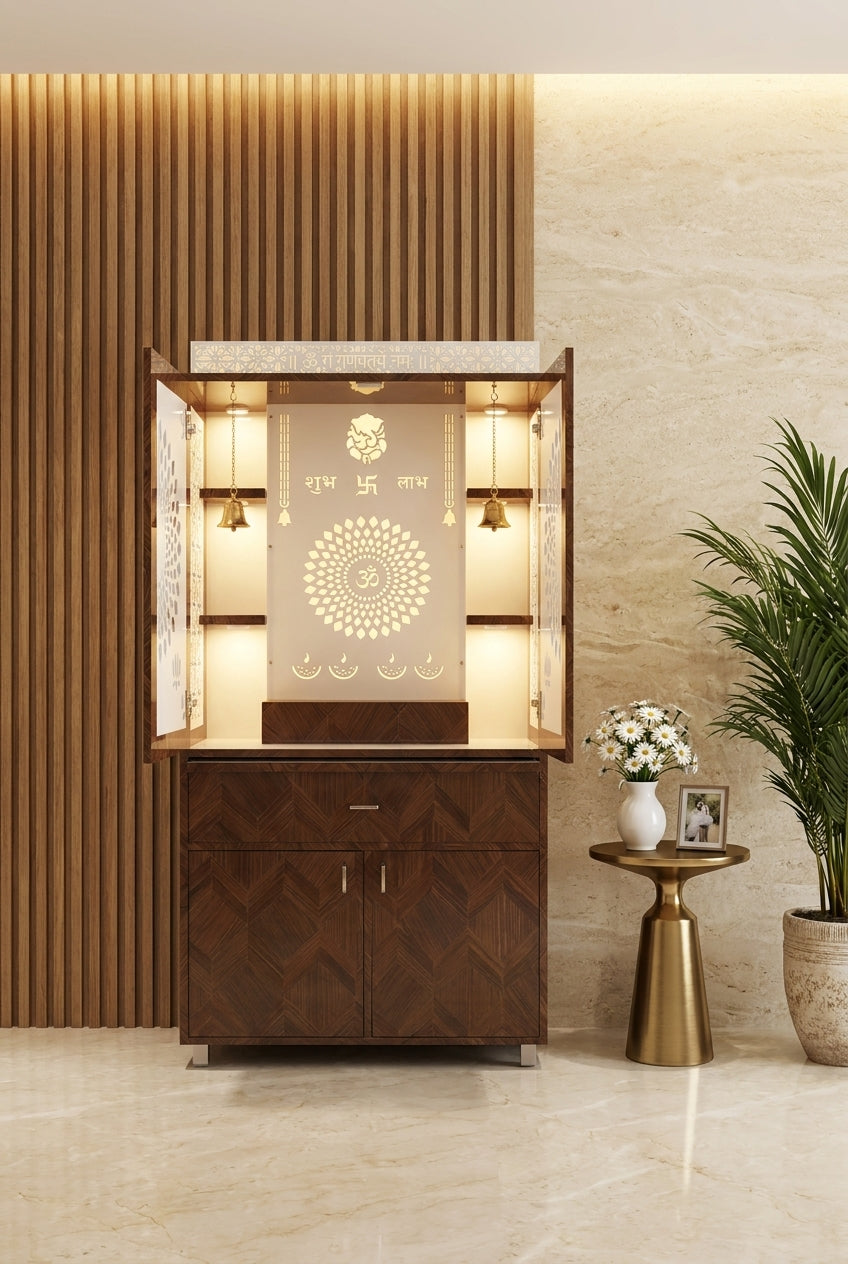 Wall-Mount Corian Mandir with Doors and Floating Shelves — Luxury Home Interior — Satguru Creations