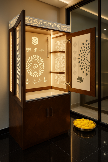 Wall-Mount Corian Mandir with Doors and Floating Shelves — Luxury Indian Home Interior — Satguru Creations