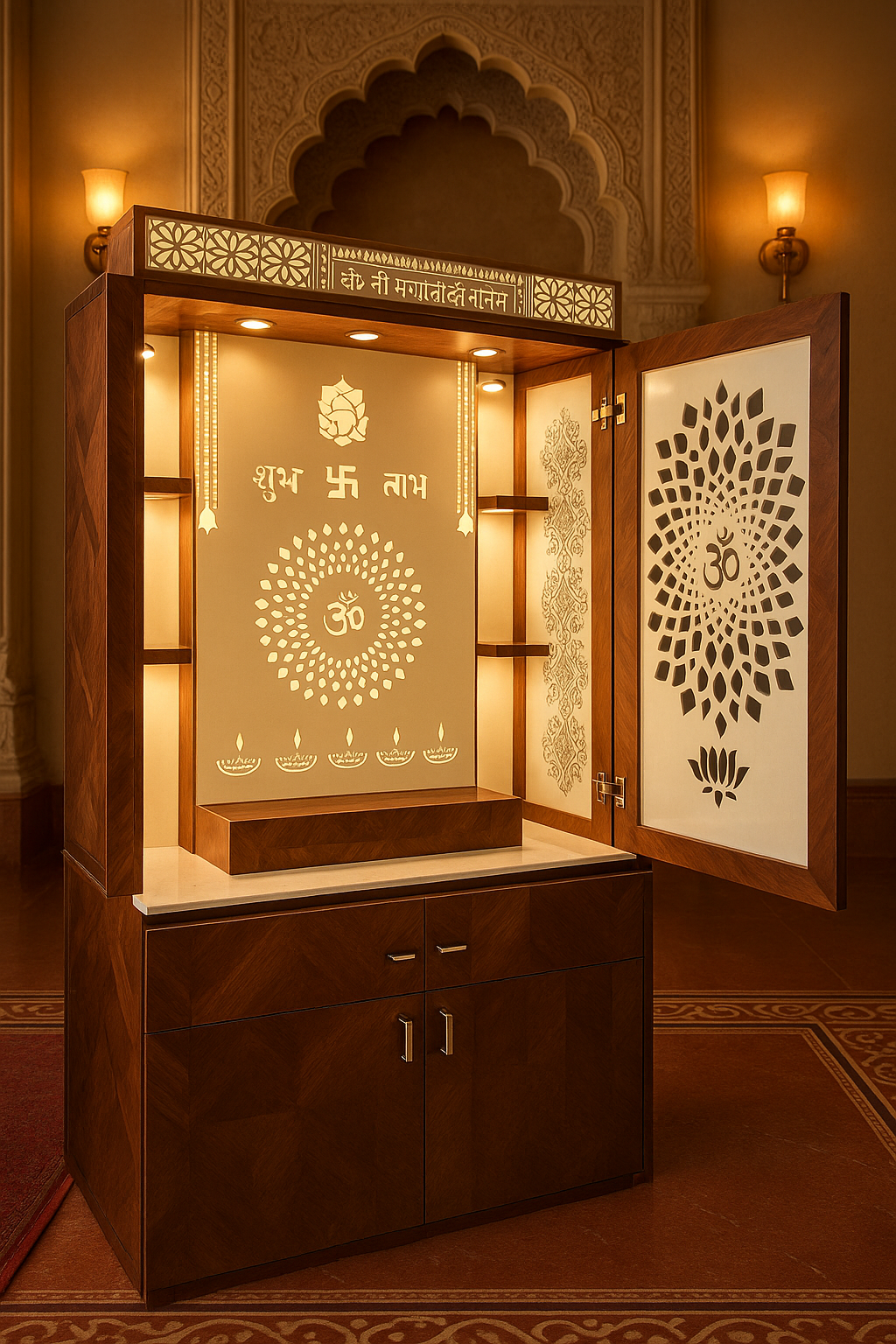 Wall-Mount Corian Mandir with Doors and Floating Shelves — Luxury Indian Home Interior — Satguru Creations