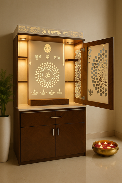Wall-Mount Corian Mandir with Doors and Floating Shelves — Luxury Indian Home Interior — Satguru Creations