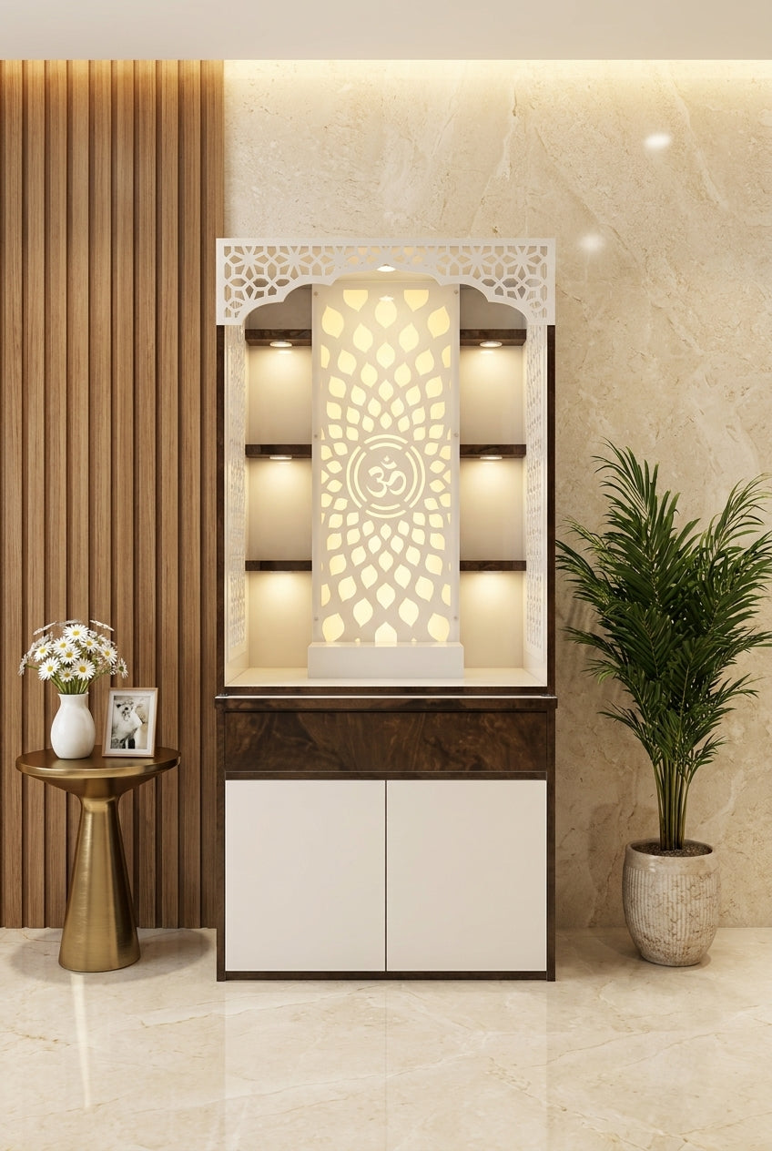 Wall-Mount Corian Mandir Open Floating Shelves — Altar — Luxury Home Interior — Satguru Creations - Corian temple collection