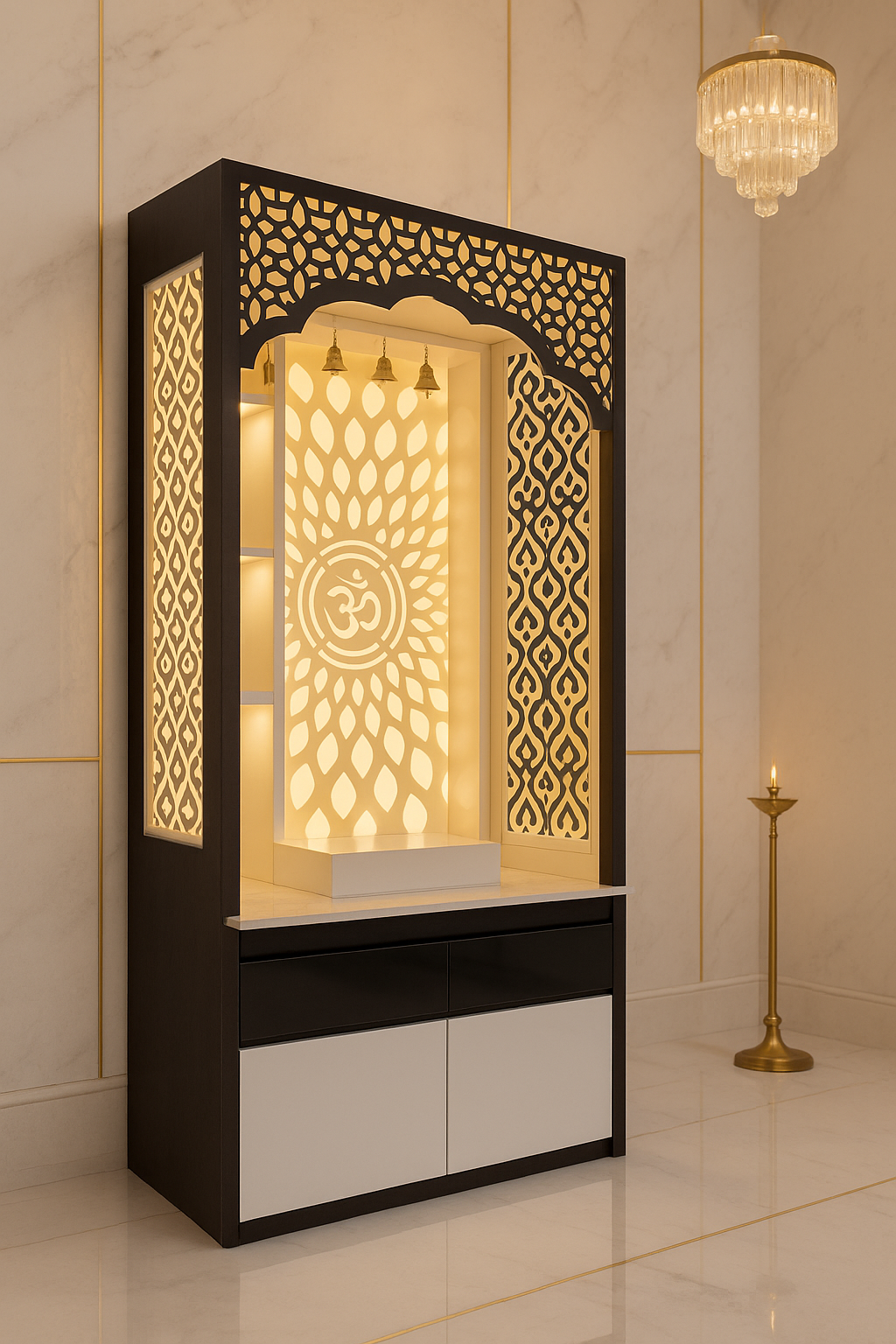 Wall-Mount Corian Mandir Open Floating Shelves — Altar — Luxury Indian Home Interior — Satguru Creations