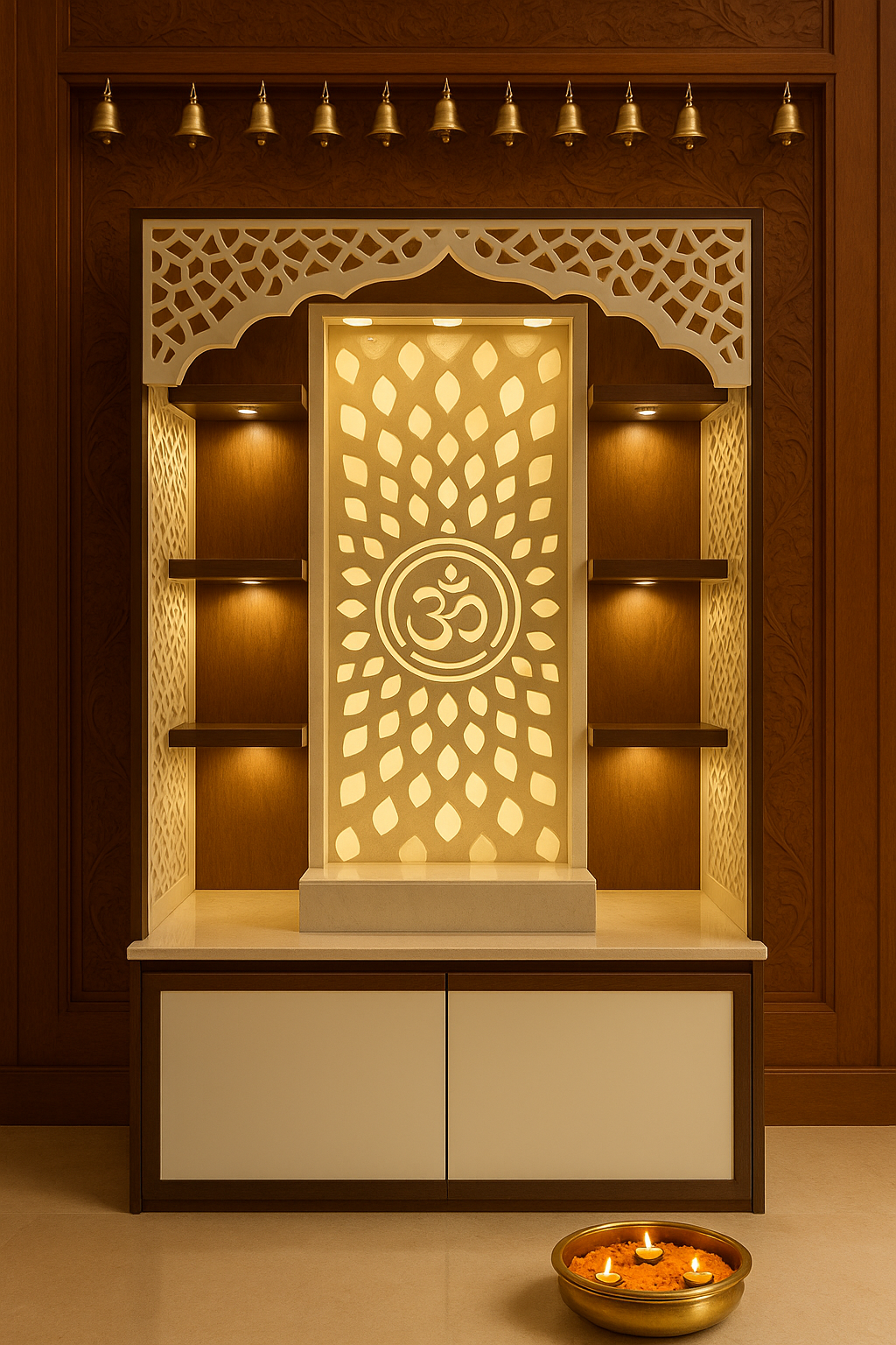 Wall-Mount Corian Mandir Open Floating Shelves — Altar — Luxury Indian Home Interior — Satguru Creations