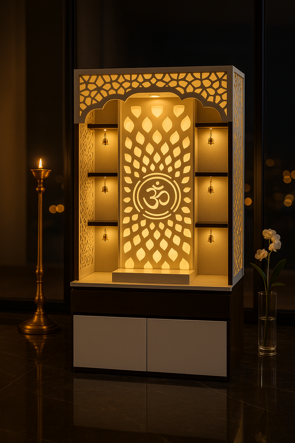 Wall-Mount Corian Mandir Open Floating Shelves — Altar — Luxury Indian Home Interior — Satguru Creations
