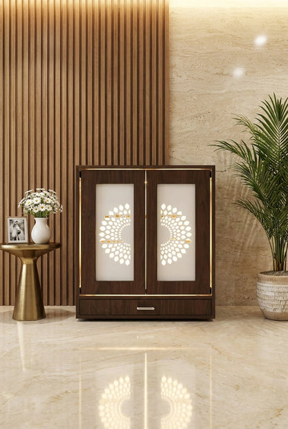 Wall-Mount Corian Mandir with Pocket Door — Slide-Away — Luxury Home Interior — Satguru Creations