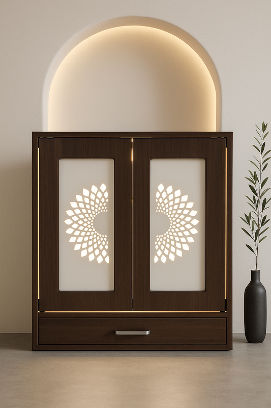 Wall-Mount Corian Mandir with Pocket Door — Slide-Away — Luxury Indian Home Interior — Satguru Creations