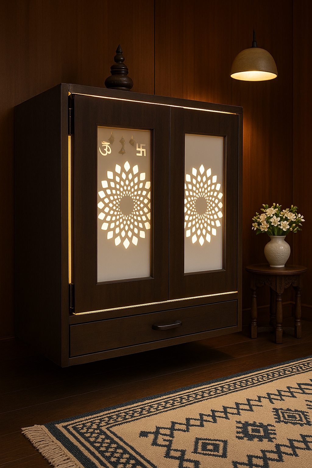 Wall-Mount Corian Mandir with Pocket Door — Slide-Away — Luxury Indian Home Interior — Satguru Creations