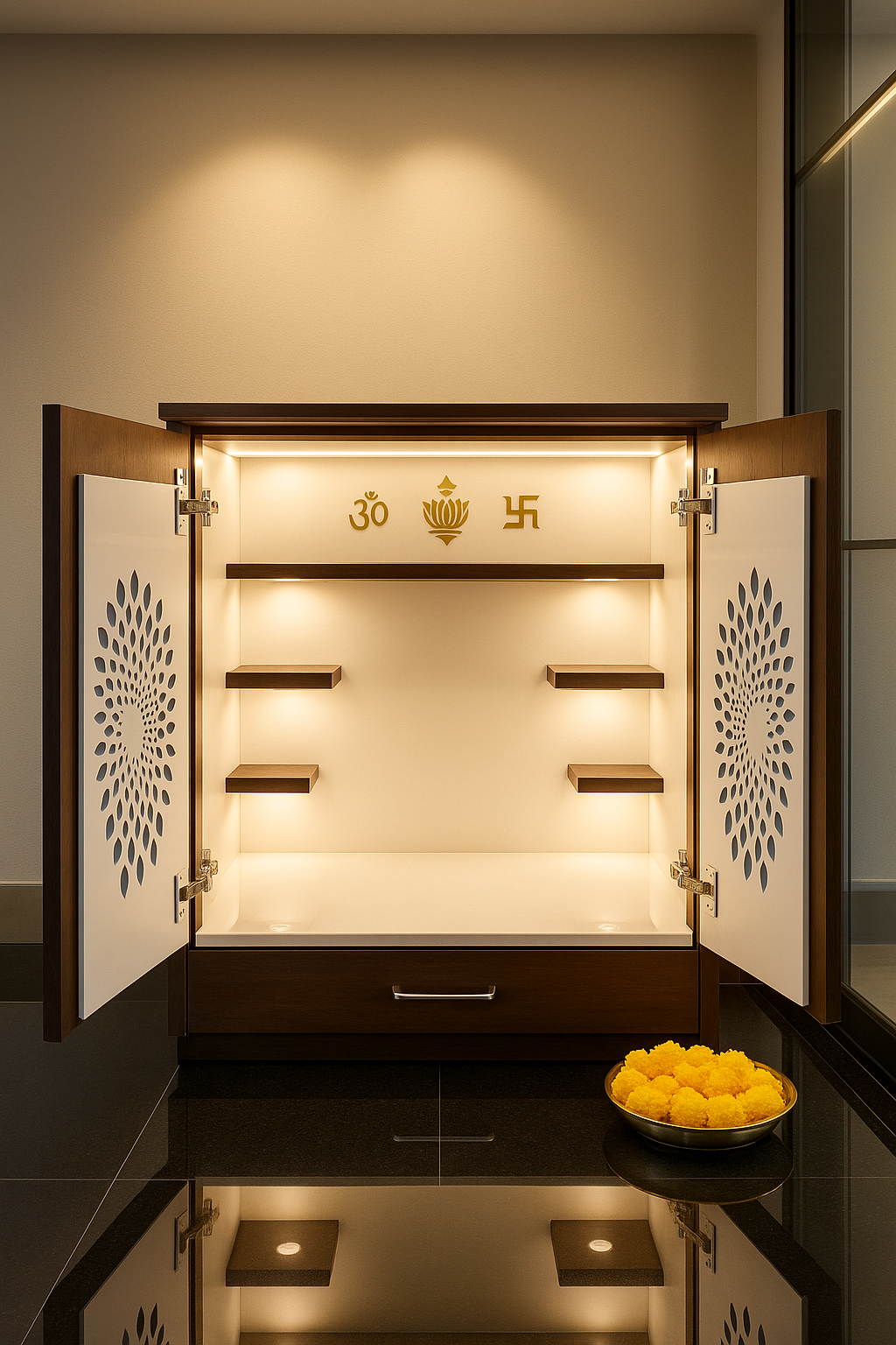 Wall-Mount Corian Mandir with Pocket Door — Slide-Away — Luxury Indian Home Interior — Satguru Creations