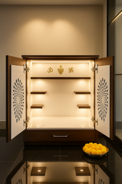 Wall-Mount Corian Mandir with Pocket Door — Slide-Away — Luxury Indian Home Interior — Satguru Creations