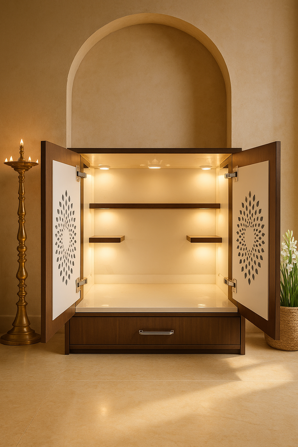 Wall-Mount Corian Mandir with Pocket Door — Slide-Away — Luxury Indian Home Interior — Satguru Creations