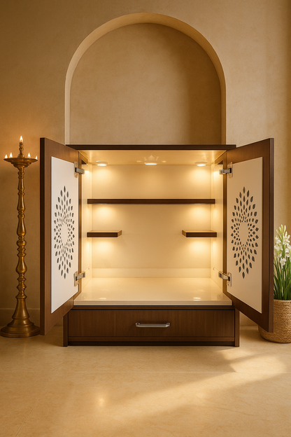Wall-Mount Corian Mandir with Pocket Door — Slide-Away — Luxury Indian Home Interior — Satguru Creations