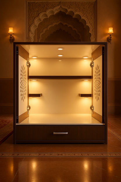 Wall-Mount Corian Mandir with Pocket Door — Slide-Away — Luxury Indian Home Interior — Satguru Creations